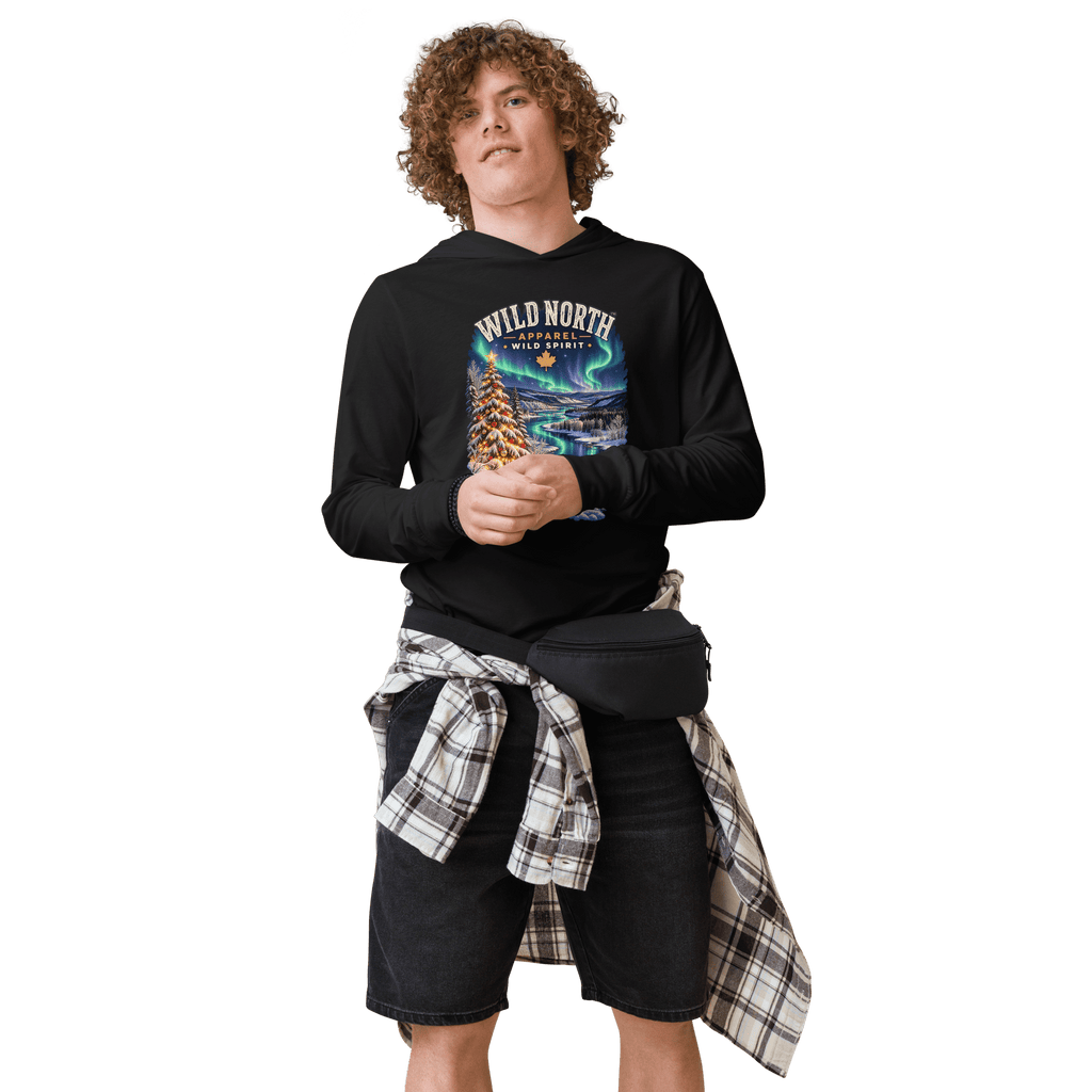 #wild_north_apparelNorthern Lights Christmas River™ - Hooded long-sleeve tee - Wild North Apparel™#canadian_outdoor_wildlife_inspired_clothing#