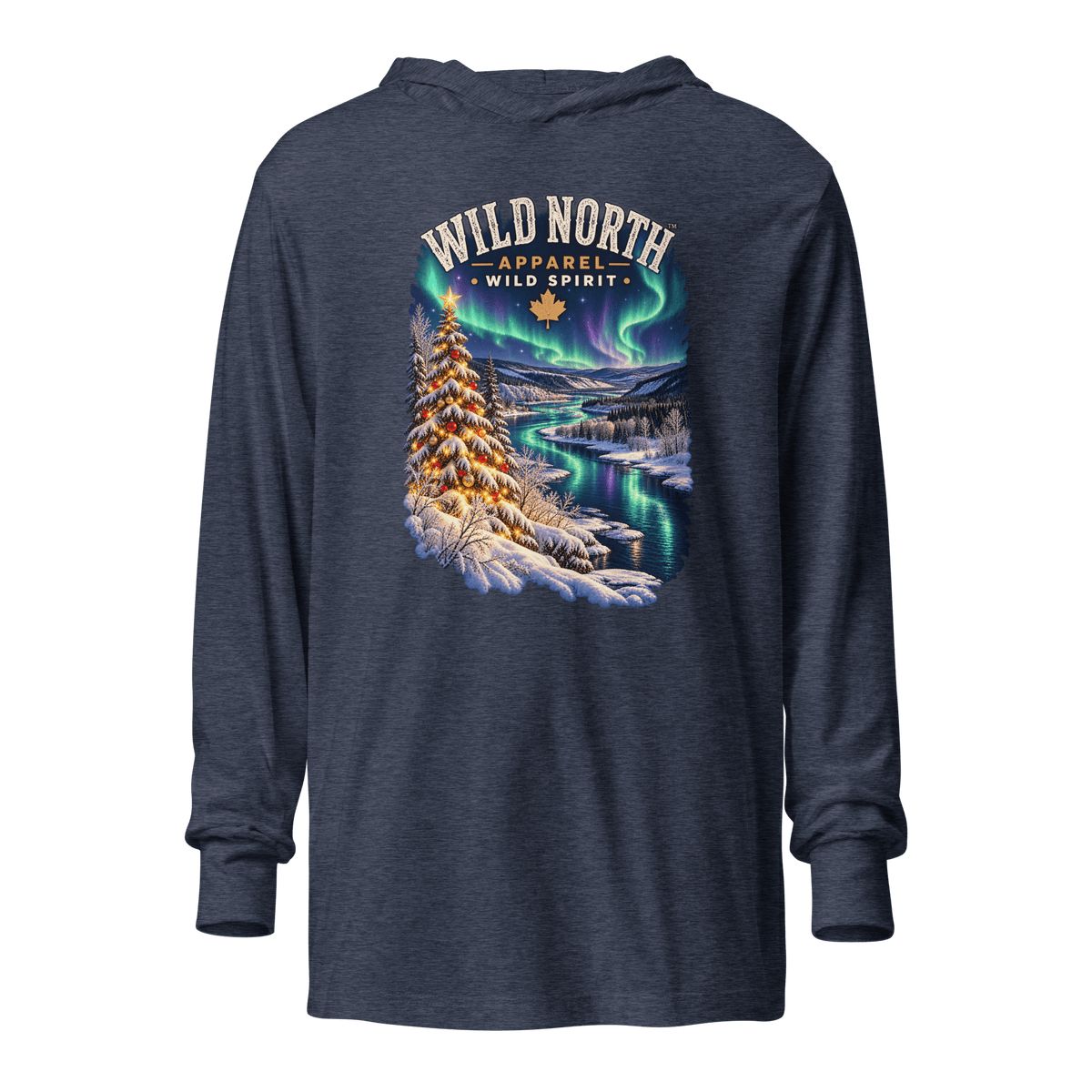 #wild_north_apparelNorthern Lights Christmas River™ - Hooded long-sleeve tee - Wild North Apparel™#canadian_outdoor_wildlife_inspired_clothing#