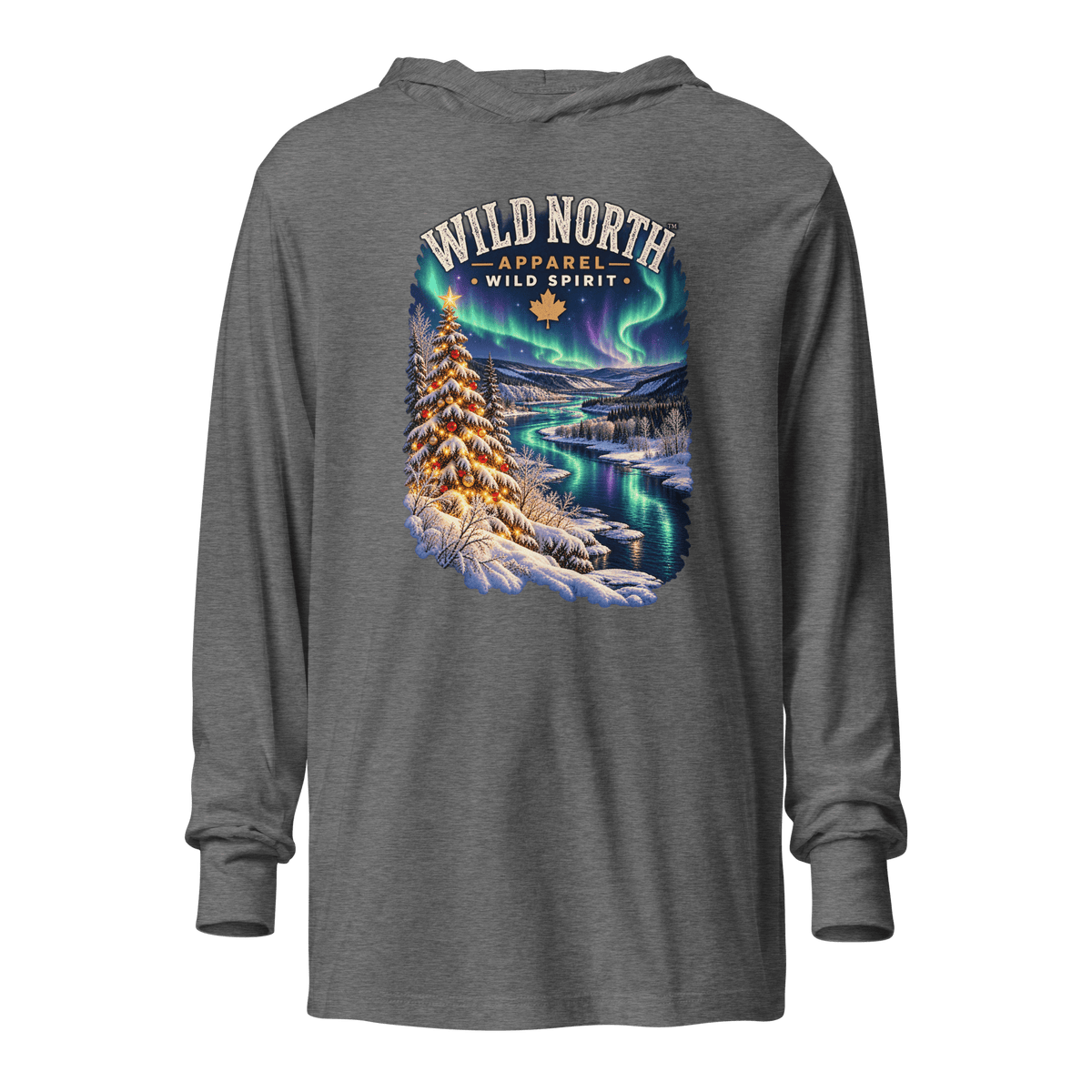 #wild_north_apparelNorthern Lights Christmas River™ - Hooded long-sleeve tee - Wild North Apparel™#canadian_outdoor_wildlife_inspired_clothing#