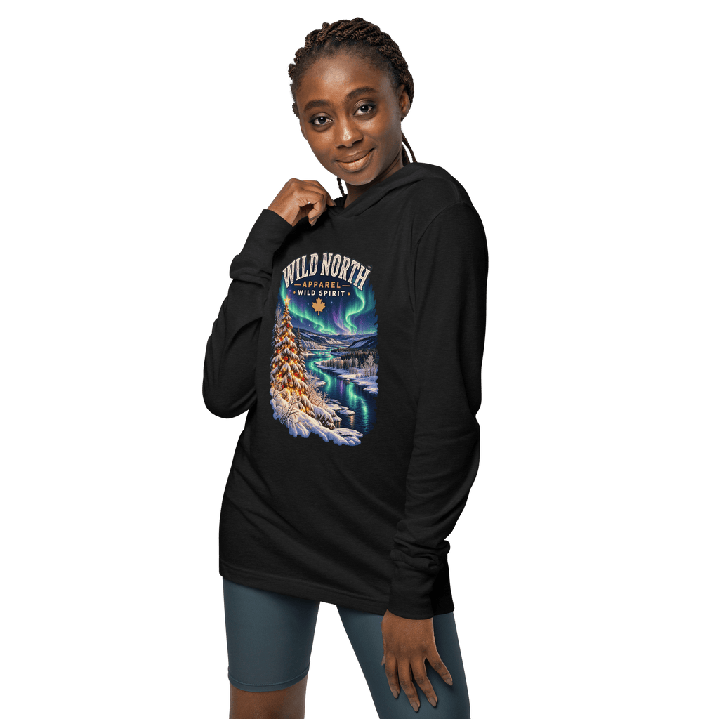 #wild_north_apparelNorthern Lights Christmas River™ - Hooded long-sleeve tee - Wild North Apparel™#canadian_outdoor_wildlife_inspired_clothing#