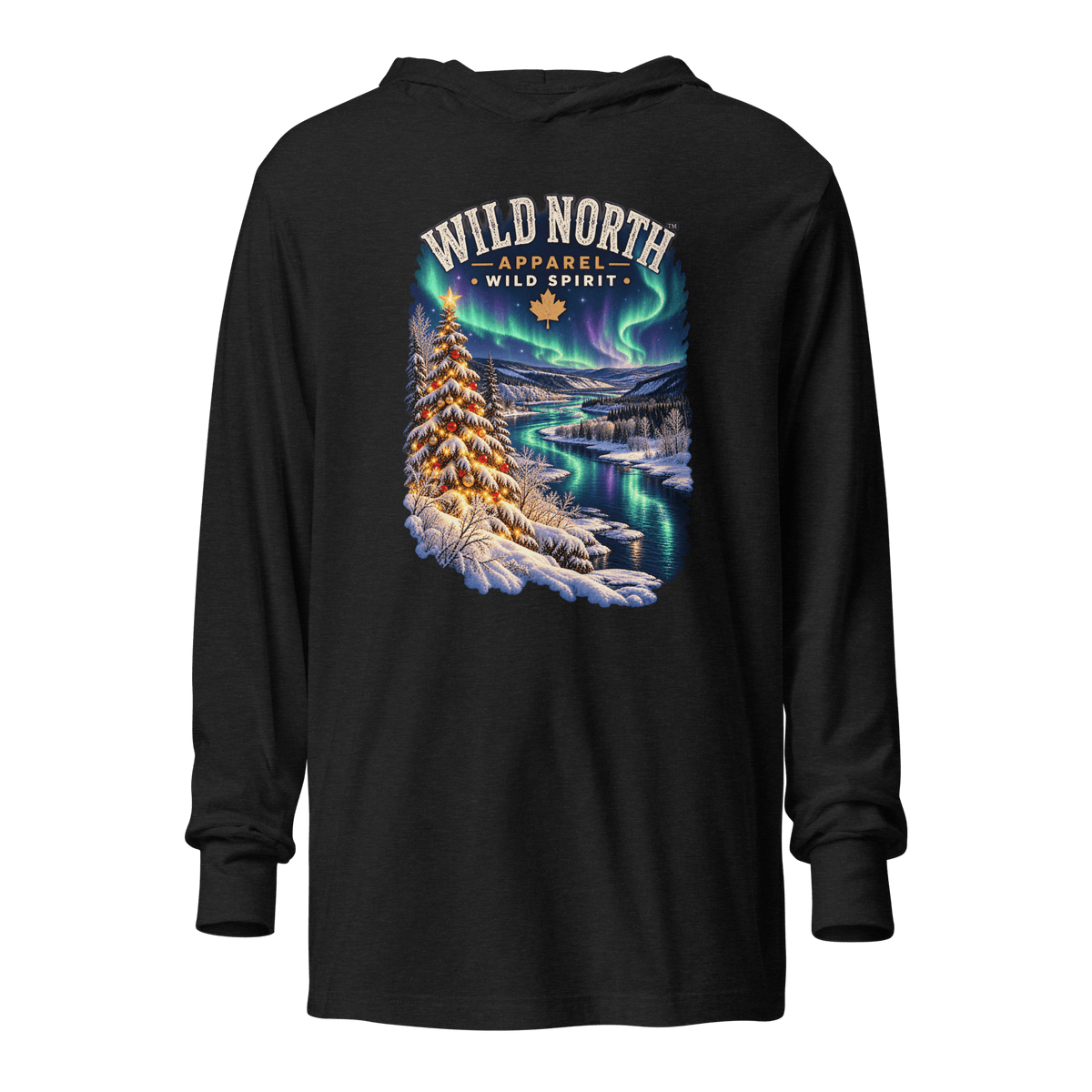 #wild_north_apparelNorthern Lights Christmas River™ - Hooded long-sleeve tee - Wild North Apparel™#canadian_outdoor_wildlife_inspired_clothing#