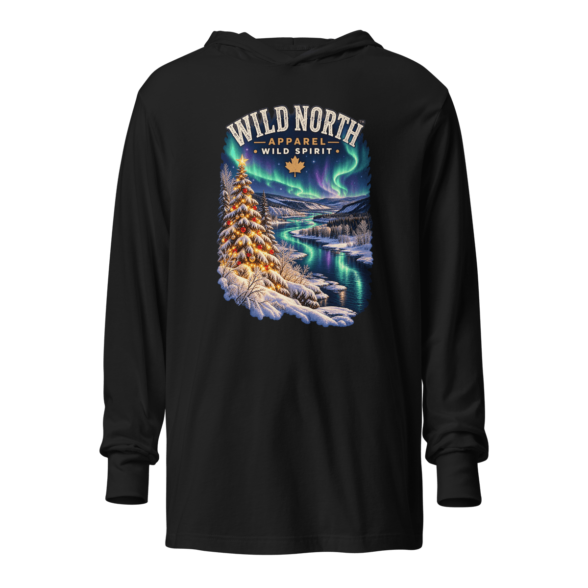 #wild_north_apparelNorthern Lights Christmas River™ - Hooded long-sleeve tee - Wild North Apparel™#canadian_outdoor_wildlife_inspired_clothing#