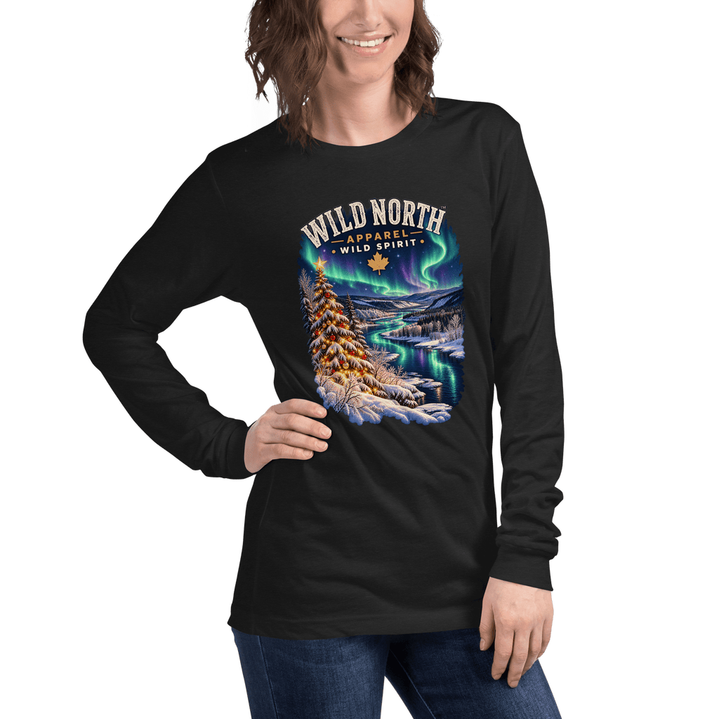 #wild_north_apparelNorthern Lights Christmas River™ - Unisex Long Sleeve Tee - Wild North Apparel™#canadian_outdoor_wildlife_inspired_clothing#