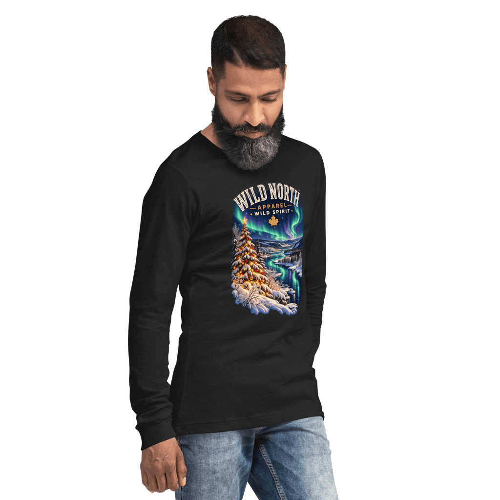 #wild_north_apparelNorthern Lights Christmas River™ - Unisex Long Sleeve Tee - Wild North Apparel™#canadian_outdoor_wildlife_inspired_clothing#