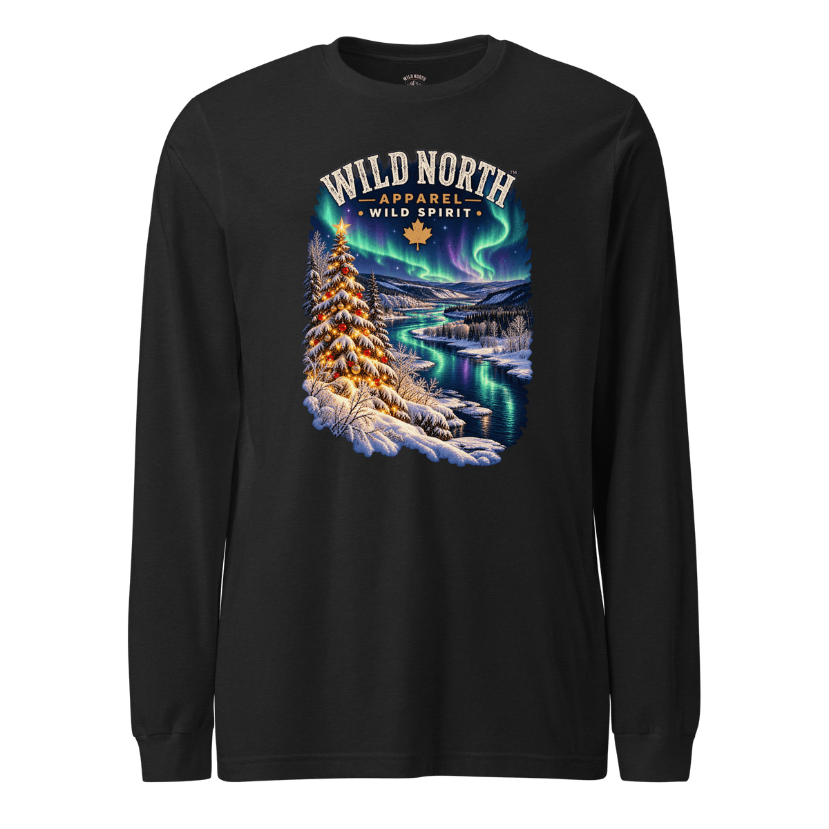 #wild_north_apparelNorthern Lights Christmas River™ - Unisex Long Sleeve Tee - Wild North Apparel™#canadian_outdoor_wildlife_inspired_clothing#