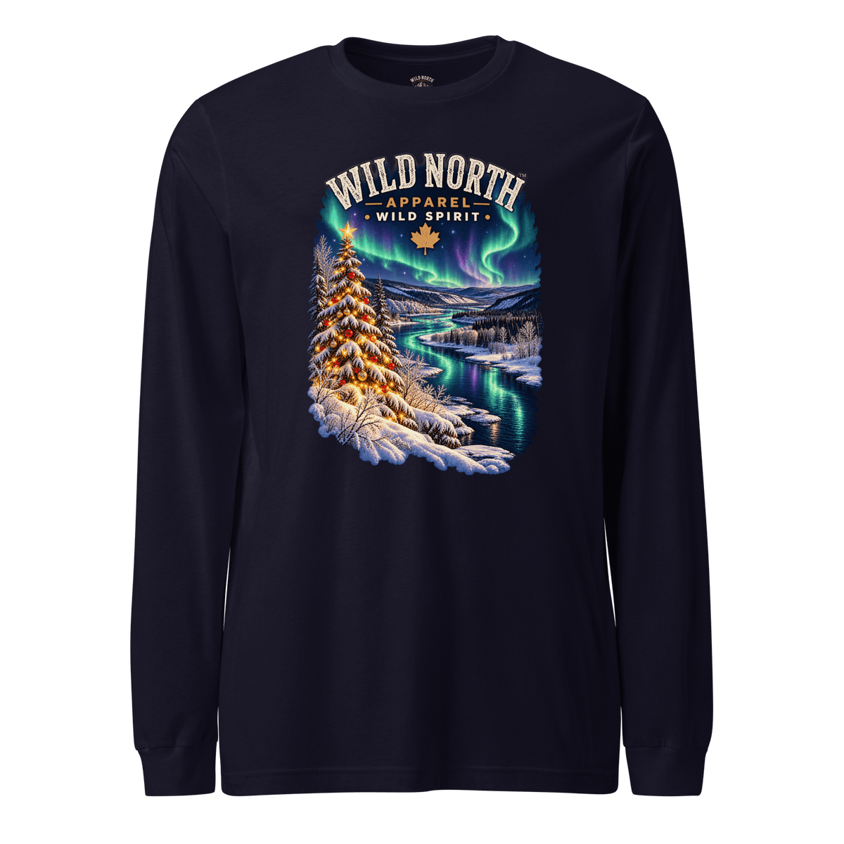 #wild_north_apparelNorthern Lights Christmas River™ - Unisex Long Sleeve Tee - Wild North Apparel™#canadian_outdoor_wildlife_inspired_clothing#