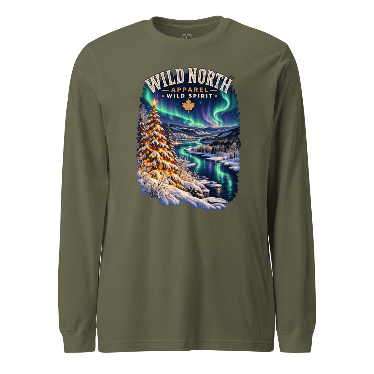 #wild_north_apparelNorthern Lights Christmas River™ - Unisex Long Sleeve Tee - Wild North Apparel™#canadian_outdoor_wildlife_inspired_clothing#