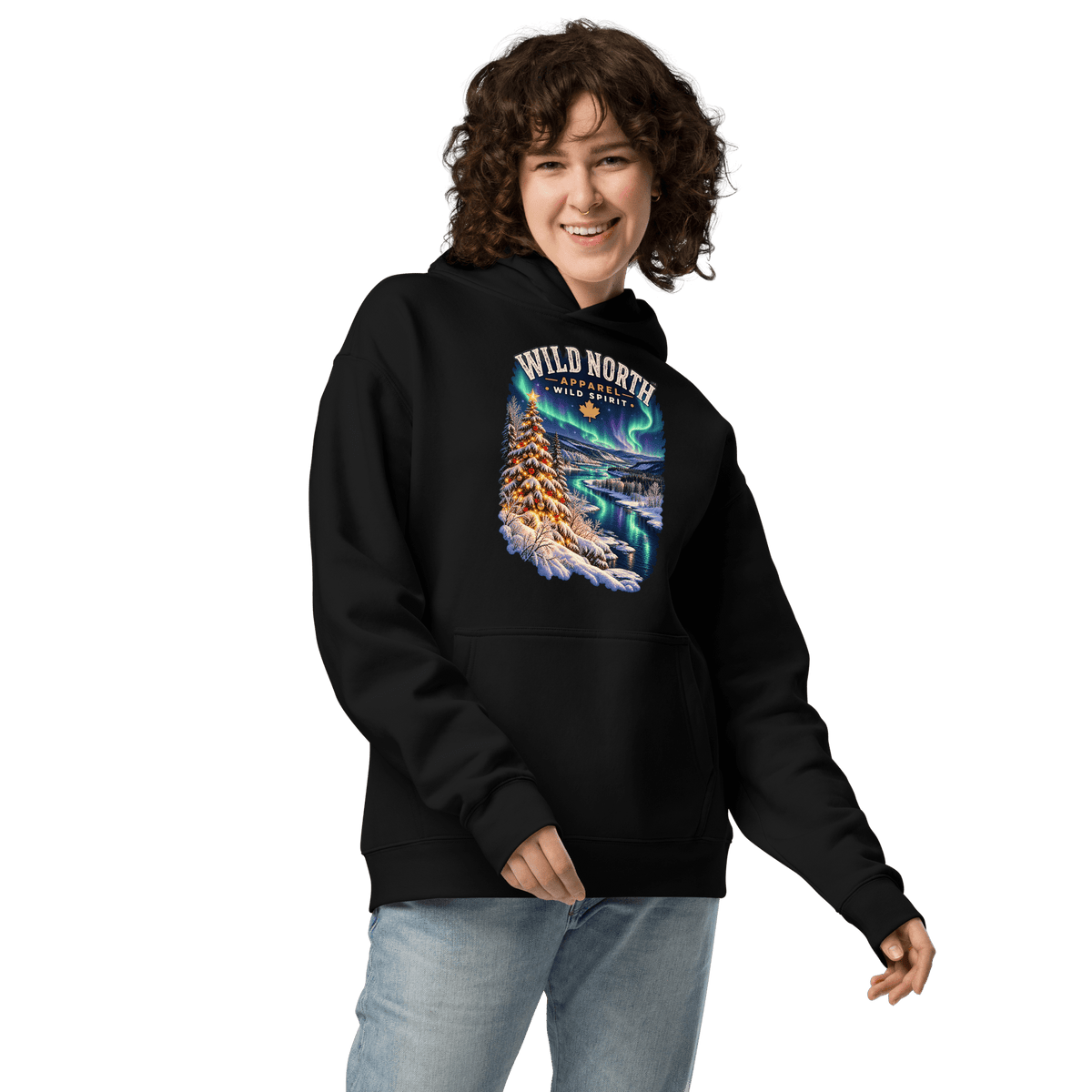 #wild_north_apparelNorthern Lights Christmas River™ - Unisex oversized hoodie - Wild North Apparel™#canadian_outdoor_wildlife_inspired_clothing#