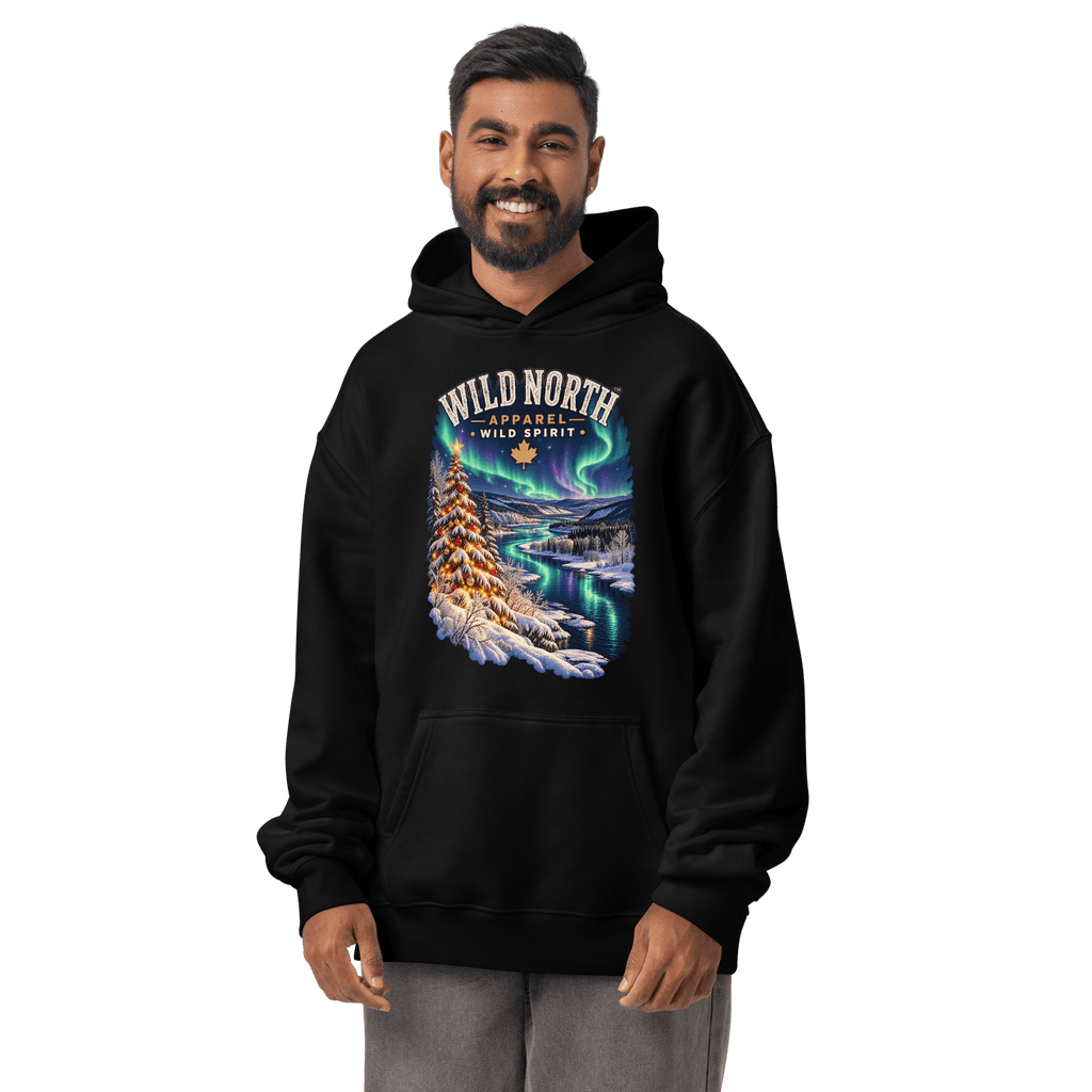 #wild_north_apparelNorthern Lights Christmas River™ - Unisex oversized hoodie - Wild North Apparel™#canadian_outdoor_wildlife_inspired_clothing#