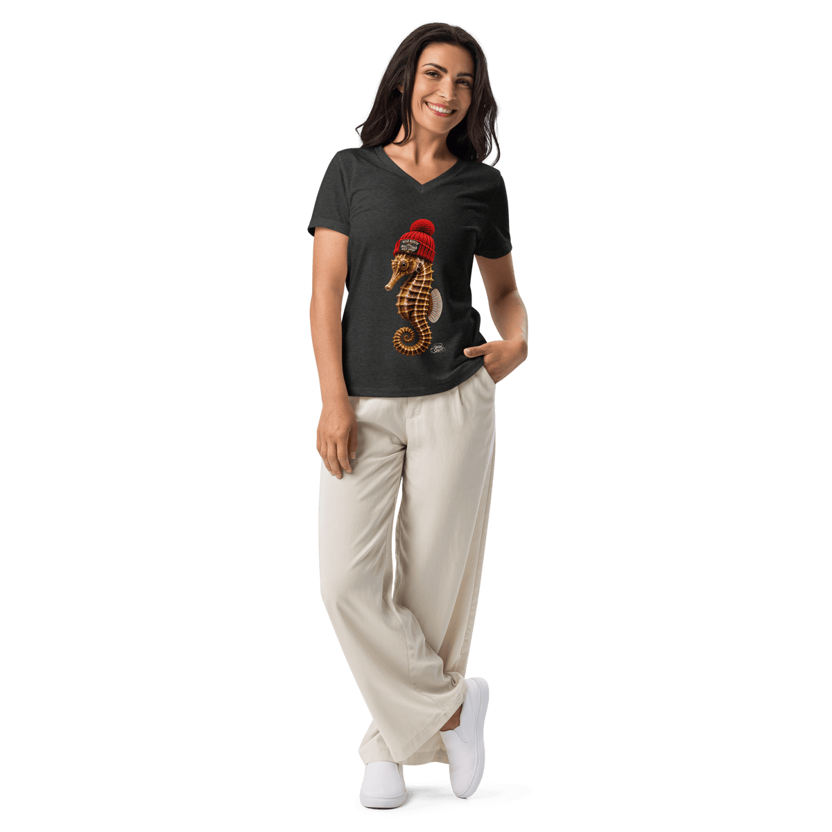 #wild_north_apparelWoman's Wild Spirit Seahorse Tee - Relaxed V-neck T-shirt - Wild North Apparel™#canadian_outdoor_wildlife_inspired_clothing#