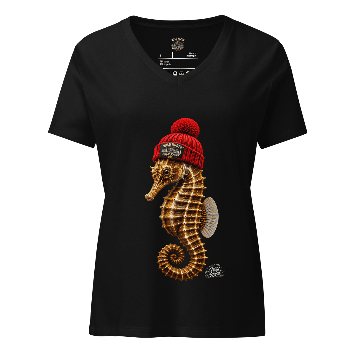 #wild_north_apparelWoman's Wild Spirit Seahorse Tee - Relaxed V-neck T-shirt - Wild North Apparel™#canadian_outdoor_wildlife_inspired_clothing#