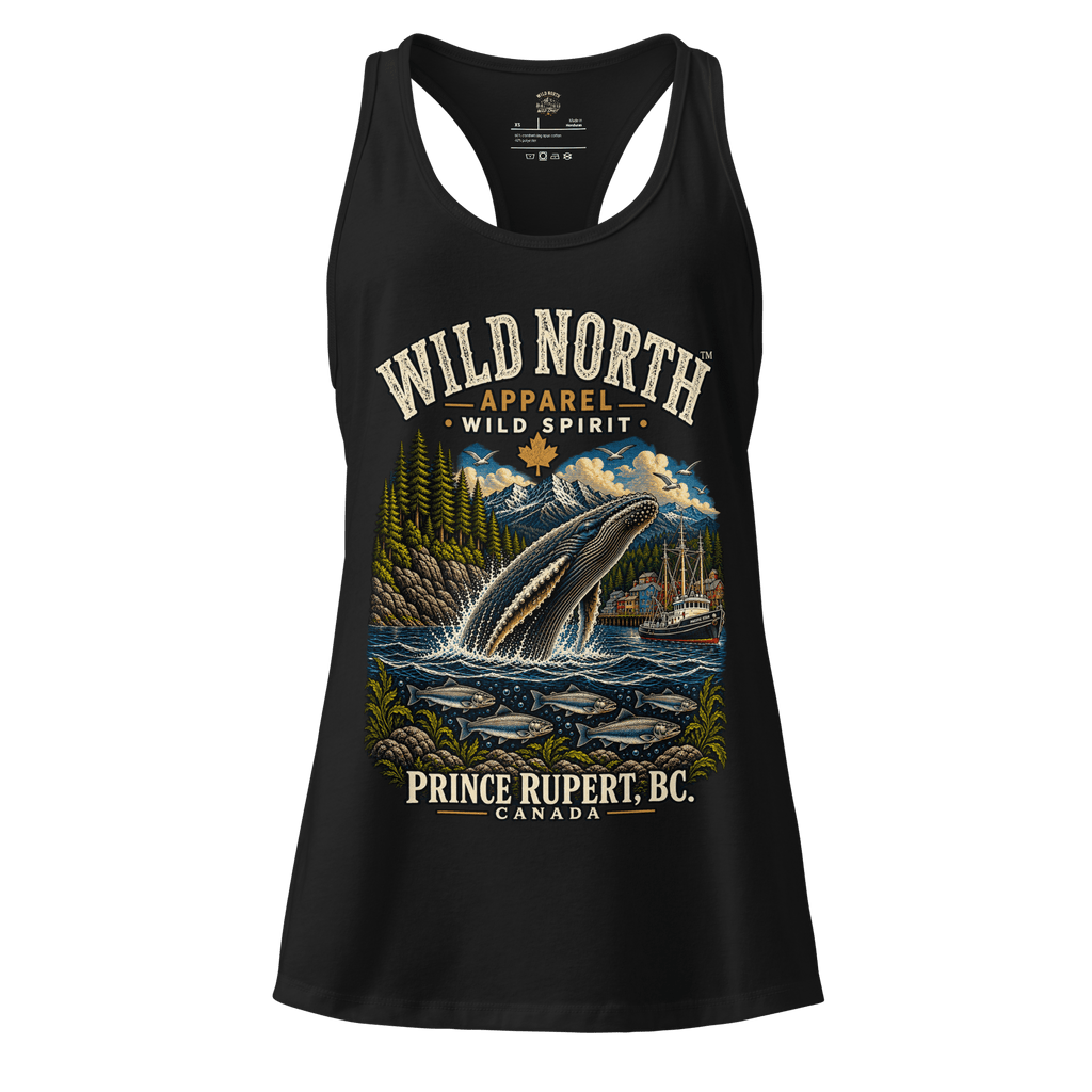 #wild_north_apparelWomen’s Wild North Prince Rupert Harbour Humpback™ - fitted racerback tank top - Wild North Apparel™#canadian_outdoor_wildlife_inspired_clothing#