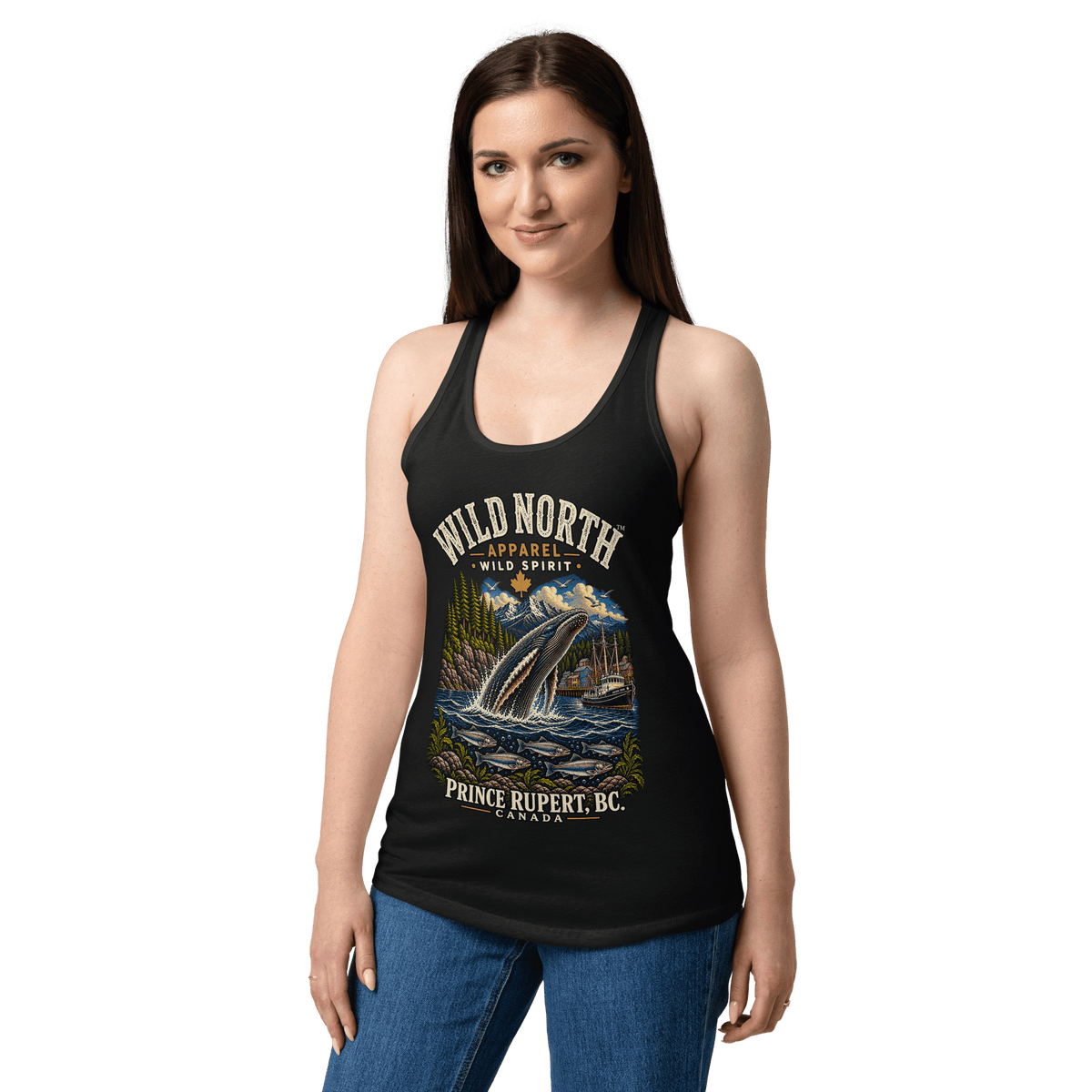 #wild_north_apparelWomen’s Wild North Prince Rupert Harbour Humpback™ - fitted racerback tank top - Wild North Apparel™#canadian_outdoor_wildlife_inspired_clothing#