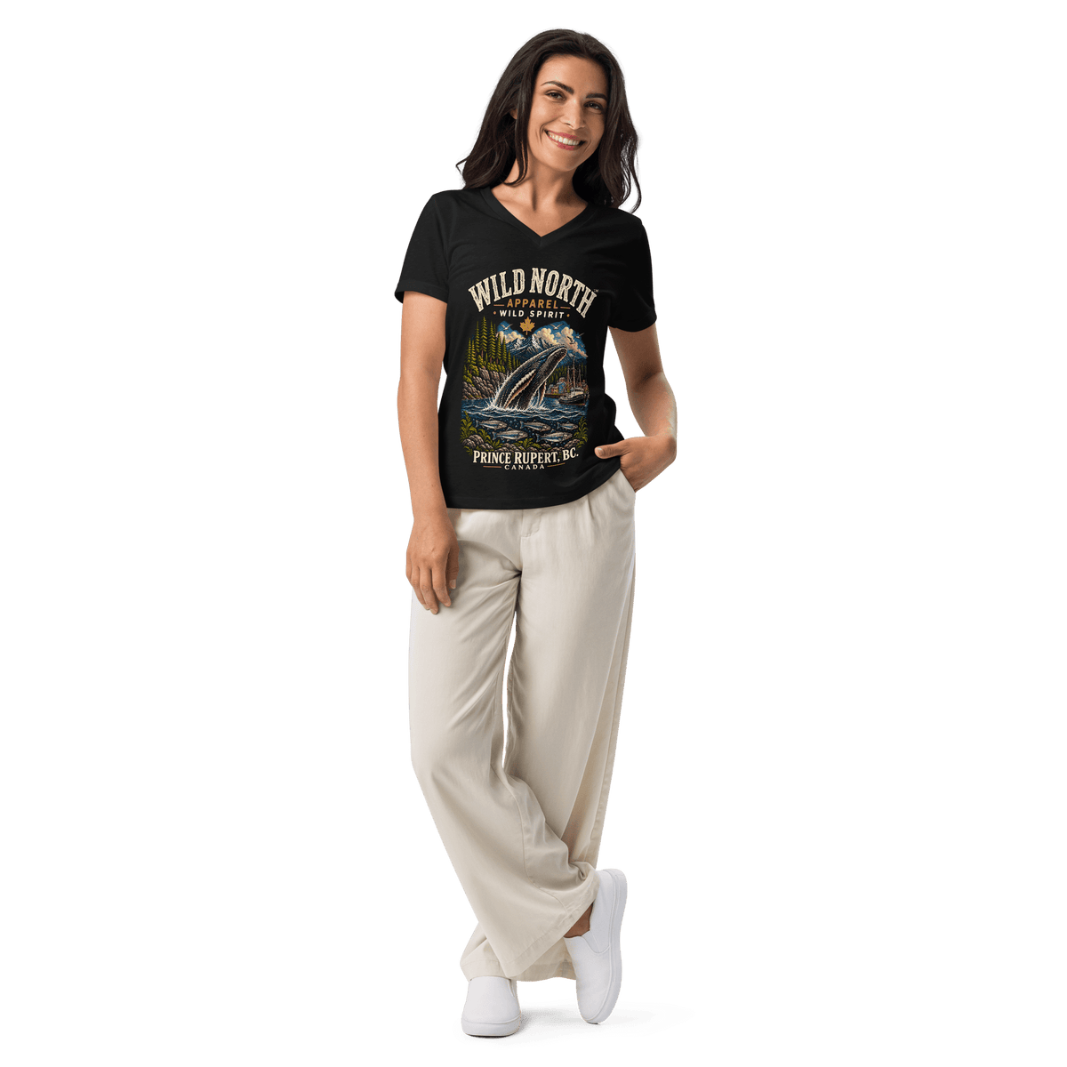 #wild_north_apparelWomen’s Wild North Prince Rupert Harbour Humpback™ - relaxed v-neck t-shirt - Wild North Apparel™#canadian_outdoor_wildlife_inspired_clothing#
