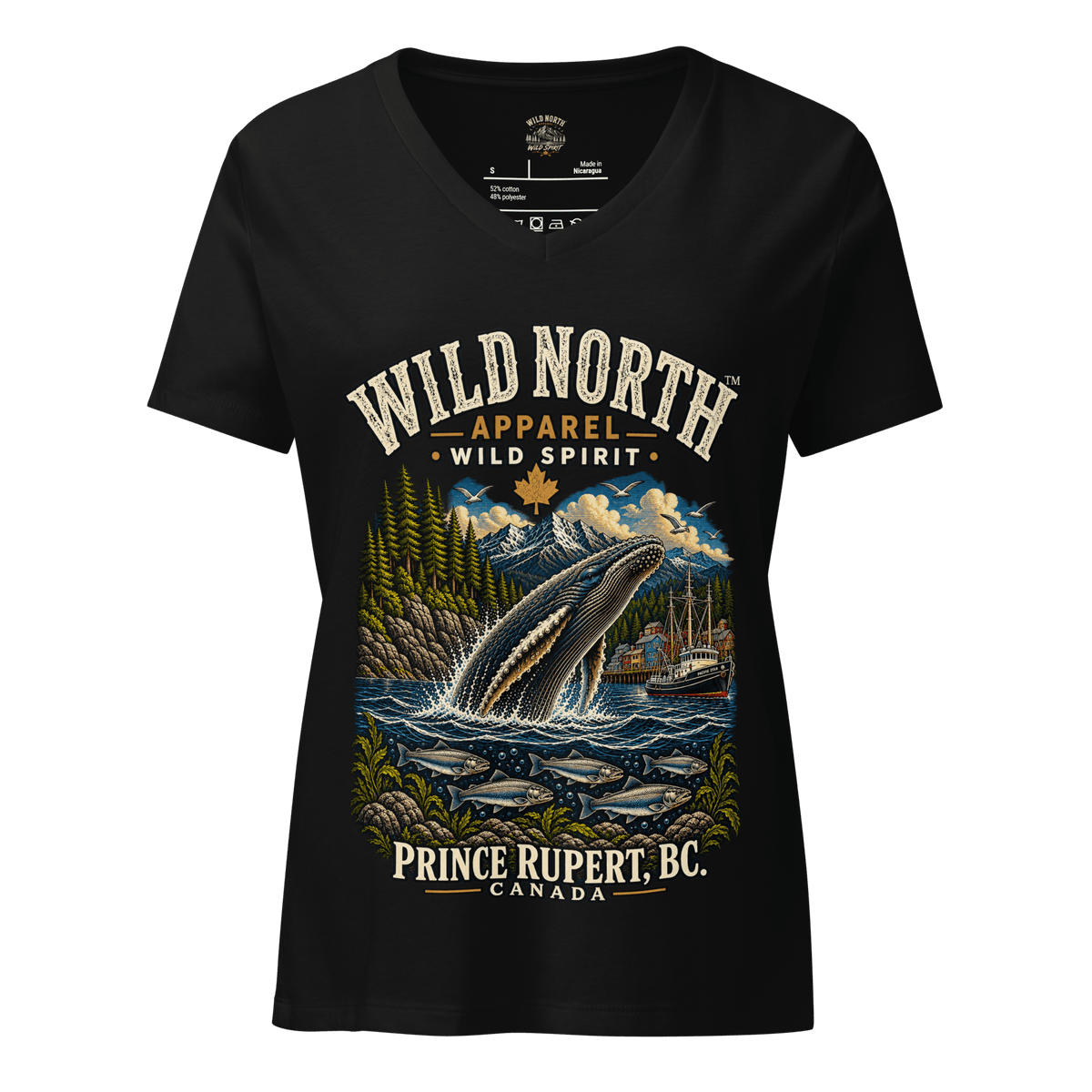 #wild_north_apparelWomen’s Wild North Prince Rupert Harbour Humpback™ - relaxed v-neck t-shirt - Wild North Apparel™#canadian_outdoor_wildlife_inspired_clothing#