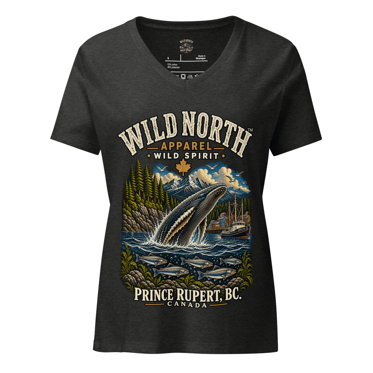 #wild_north_apparelWomen’s Wild North Prince Rupert Harbour Humpback™ - relaxed v-neck t-shirt - Wild North Apparel™#canadian_outdoor_wildlife_inspired_clothing#